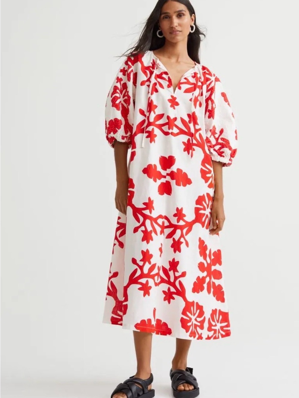 H&M White Midi Dress with Red Floral Print and Puff Sleeves